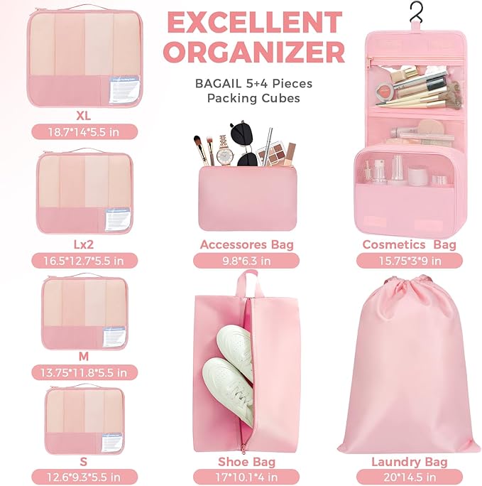 BAGAIL 9 Set Packing Cubes with Packing List Luggage Packing Organizers for Travel Accessories (Pink)