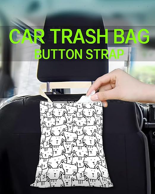 Car Trash Can, Durable Hanging Car Trash Garbage Bag, Cute Automotive Garbage Cans Organizer, Black White Cartoon Cats
