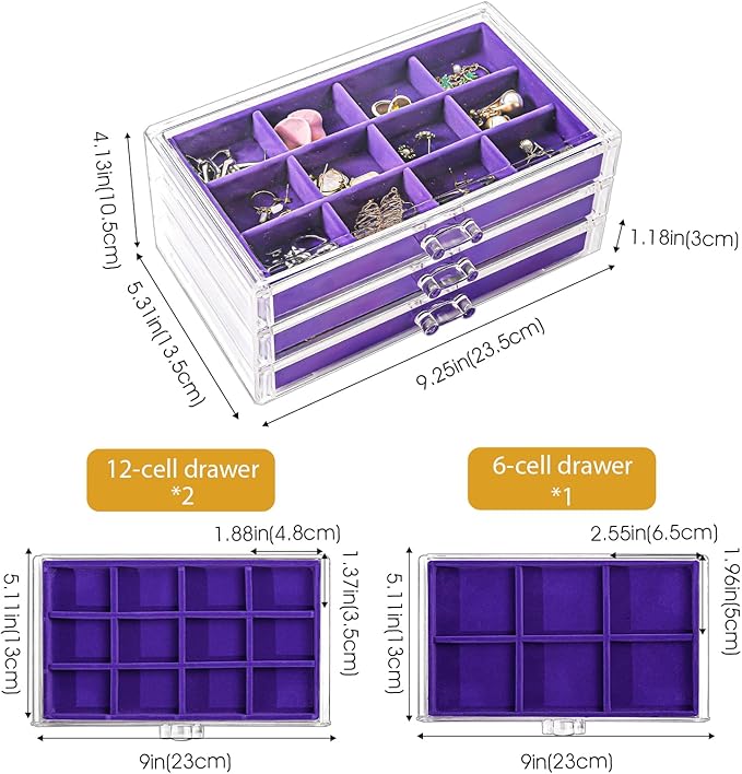 ProCase Earring Holder Organizer Jewelry Box with 3 Drawers, Acrylic Clear Earring Case with Adjustable Velvet Trays for Wome