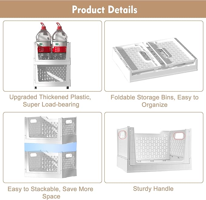 Stackable Plastic Storage Basket, 3 Pack Foldable Closet Organizers and Storage Bins with Wheels, Collapsible Drawer Shelf St
