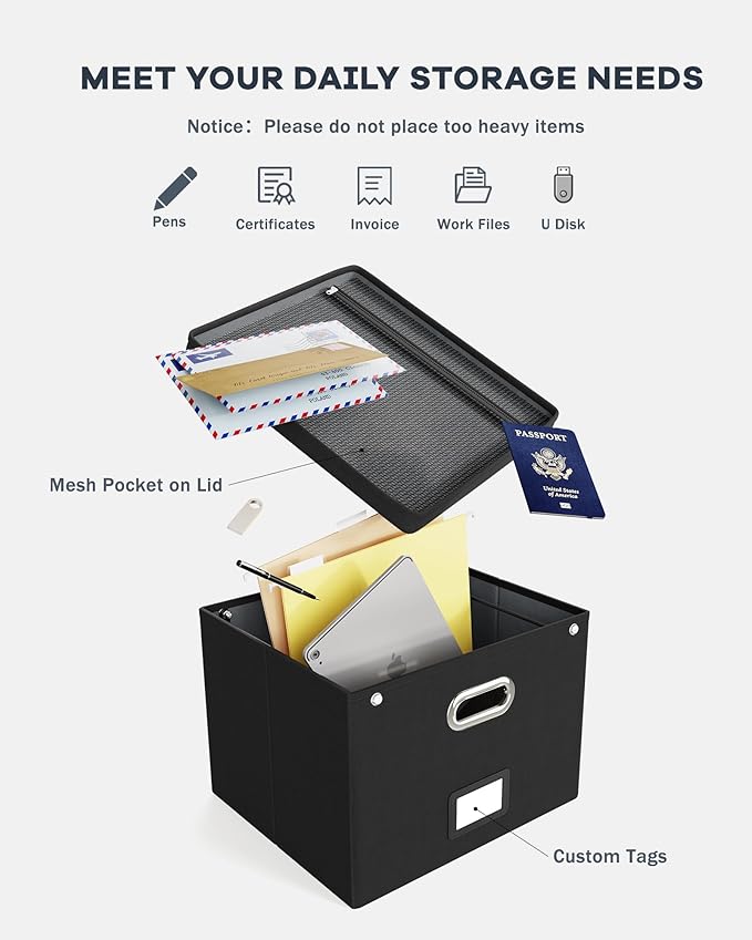 Oterri File Organizer Box with Lid,Large Hanging Filing Box with Mesh Pocket, Document c for Letter Files, Portable Storage C