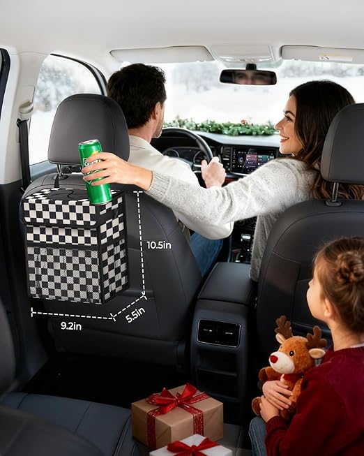 Corduroy Car Trash Can with Lid and Mesh Pockets - Leakproof Organizer,Multipurpose Waterproof Garbage Can/Trash Bin for Car(Black and White Check-2 Gallons)