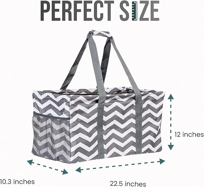 Extra Large Utility Tote Bag, Oversized Collapsible Reusable Wire Frame Rectangular Canvas Basket With Two Exterior Pockets For Beach, Pool, Laundry, Car Trunk, Storage - Geo Grey