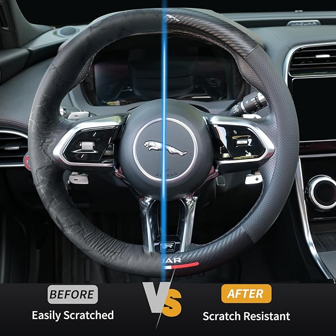 Carbon Fiber Leather Steering Wheel Cover Compatible with Jaguar F-PACE E-PACE XF XE XJ F-Type I-PACE, 14.5"-15" Universal Non-Slip Breathable PU Leather Jaguar Interior Accessories