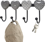 Coat Rack Wall Mounted with 4 Hooks, Heart Geometric Pattern Decorative Wall Hooks for Hanging Hat, Key, Towel, Purse, Bag an