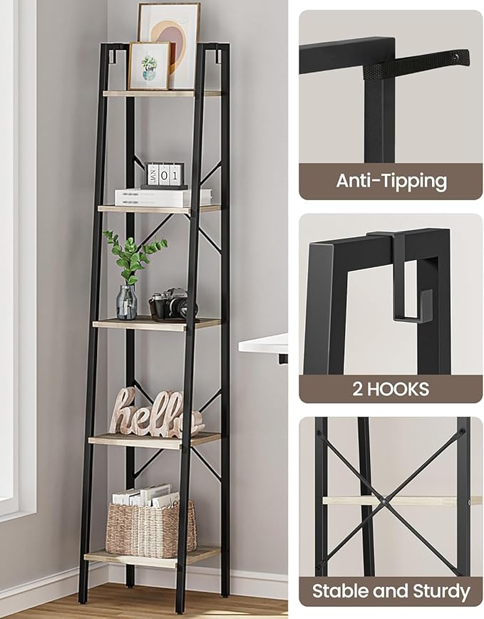 Hzuaneri Ladder Shelf, Bookshelf Bookcase, Freestanding Corner Storage Shelve with 2 Hooks for Home Office, Living Room, Kitc