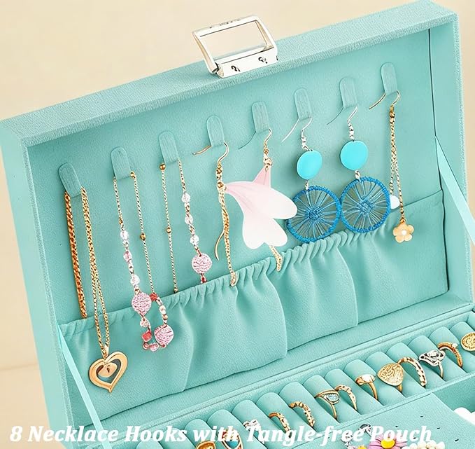 QBestry 3-Layer Jewelry Box for Girls & Teens with Lock and Key, Large Jewelry Organizer with 8 Necklace Hooks & 56 Earring H