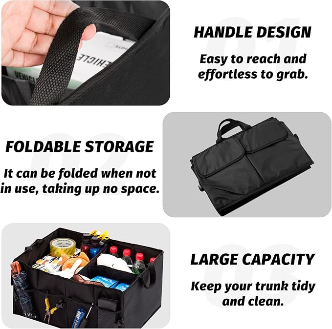 Car Trunk Organizer, Waterproof Adjustable Vehicle Storage Box, Automotive Collapsible Multi Compartment Organization Container