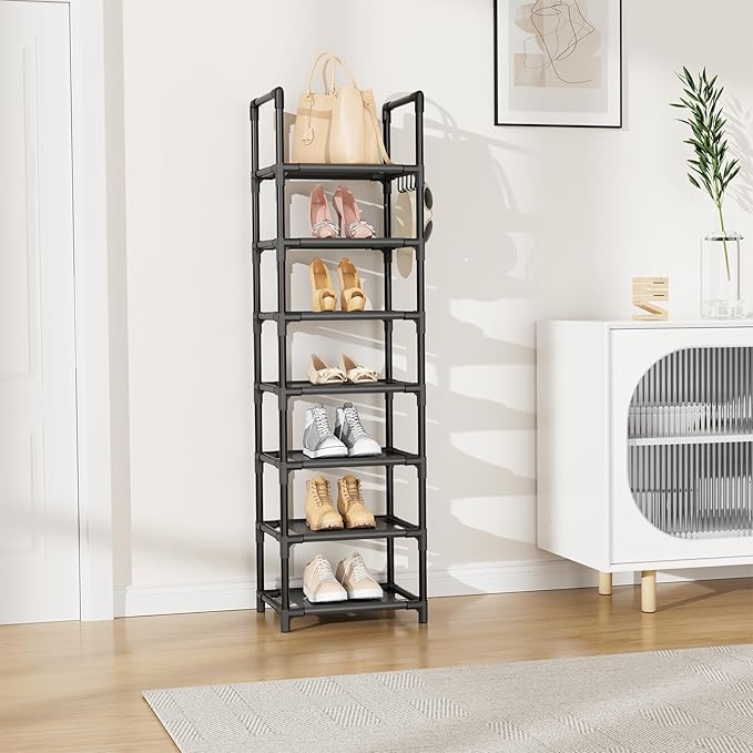 LANTEFUL Tall Shoe Rack 7 Tier Narrow Shoe Shelf Storage for 7-14 Pairs Shoe and Boot, Sturdy Shoe Storage Space Saving Corne