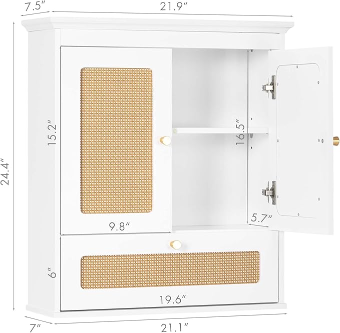 Spirich Bathroom Wall Cabinet Over Toilet, Boho Rattan Medicine Cabinet with Adjustable Shelf, Space-Saving Wall Mount Storag