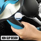 Microfiber Leather D Shaped Steering Wheel Cover, Breathable, Anti Slip, 13.5 inch to 14 inch, Black with Blue