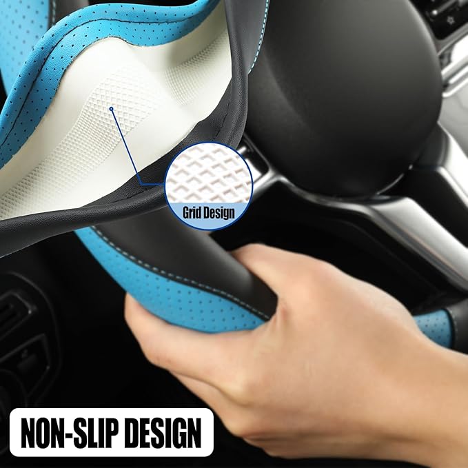 Microfiber Leather D Shaped Steering Wheel Cover, Breathable, Anti Slip, Universal 15 inch, Black with Blue