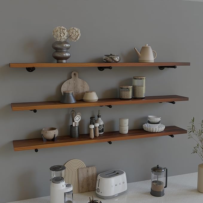 Industrial Pipe Wall Wood Shelves,Real Wooden Shelves 72" in Special Brown Color with 1.2" Extra Thickness, Modern Floating S