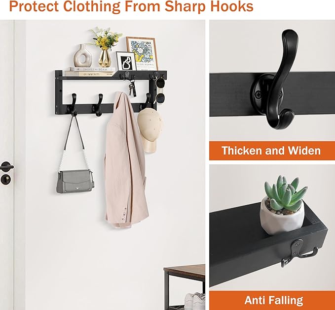 dreampossible Coat Rack Wall Mount with Shelf, Coat Hanger Wall Mount with Key Hooks and Mail Holder, Wood Entryway Floating 