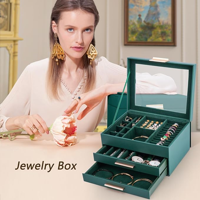 3-Layer Jewelry Box for Women, Jewelry Organizer with Glass Lid and Drawers, Jewelry Organizers and Storage for Necklaces, Ri