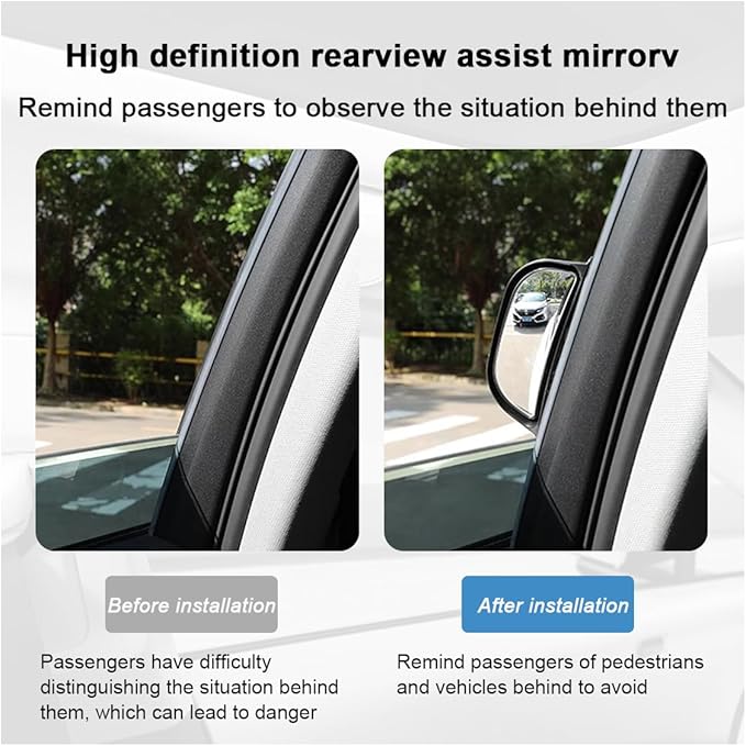 2PCS Adjustable Blind Spot Mirrors for Car Rear Seat - Wide Angle Convex B-Pillar Side View Mirror for Second Row Door Safely Get-Off, HD Glass Stick-on Auxiliary Mirror for Car SUV (Black)