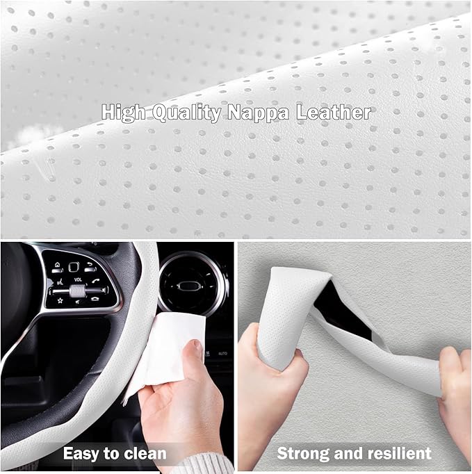 Nappa Leather Car Steering Wheel Cover for Men Women, Ultra-Thin Non-Slip Breathable Microfibre, Universal for 14.5"-15" Stee