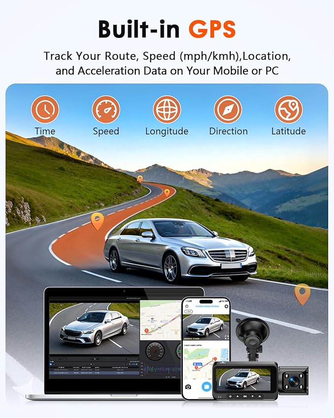 3-Channel Dash Cam 4K for Car: Front, Rear & Inside Dash Camera with 5.8G WiFi & GPS - 24H Parking Mode, 64GB Card for Ridesh