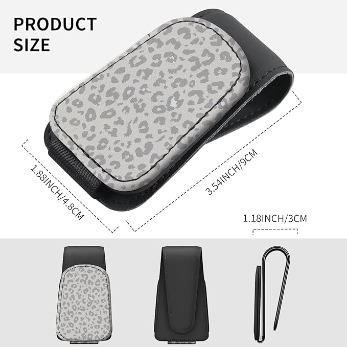 Sunglasses Holder for Car Visor, PU Leather Glasses Clip Organizer, Cute Magnetic Eyeglass Holder for Vehicle Sun Visor, Car Interior Accessory for Women & Men Snow Leopard Gray