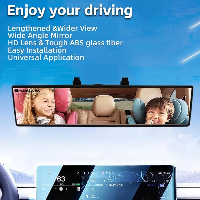 Broadway Car Rear View Mirror HD Anti Glare Universal 12 Inch large Field of View Panoramic Rearview Mirror with Wide Angle Blue Tint for Car SUV and Truck12 Inch White