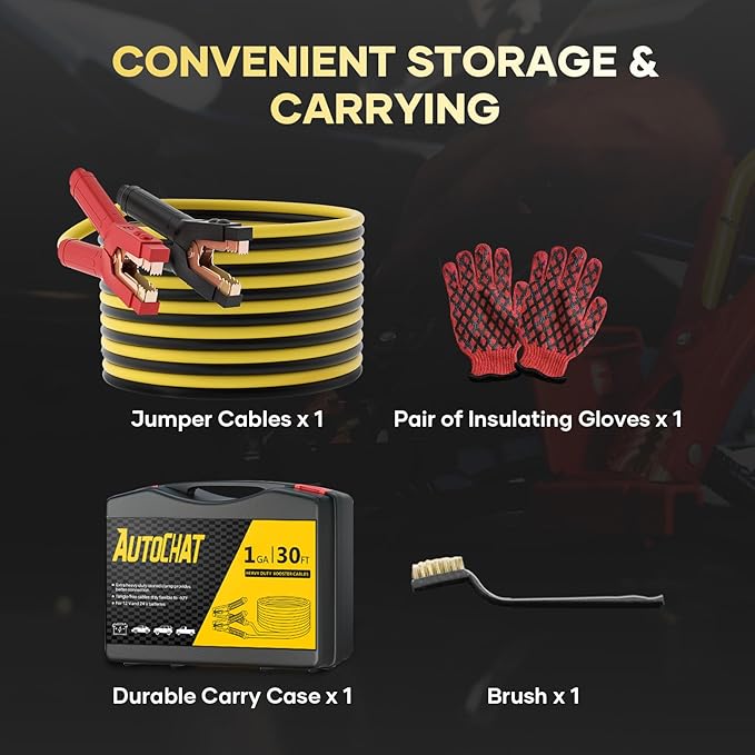 Heavy Duty Jumper Cables, 1 Gauge 30 Feet 900A Booster Cables Jump Start Automotive Jumper Cables Kit for Car, SUV, and Trucks with Carry Case, Gloves, Brushes
