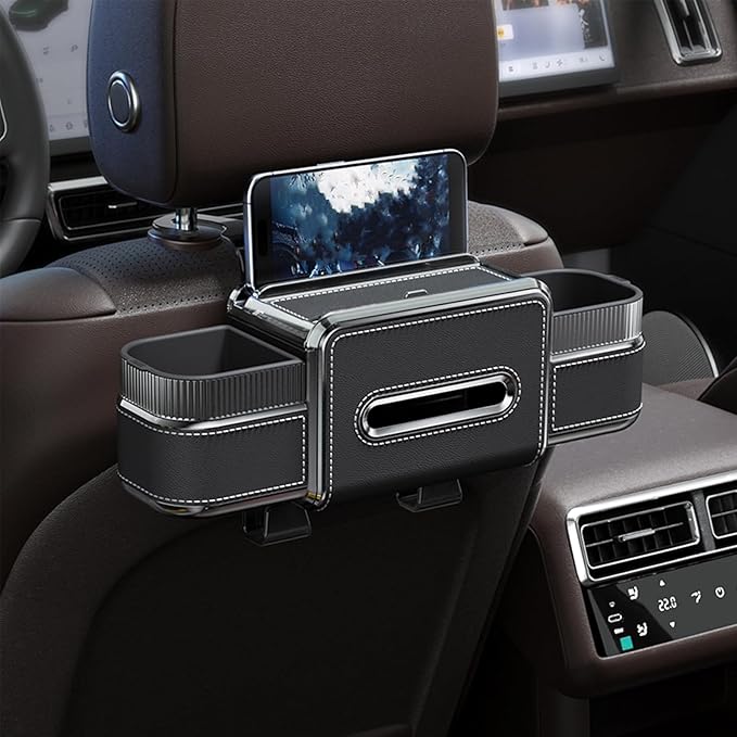 Multifunctional Car Seat Back Organizer Box with Drink Cup Holder, Makeup Mirror, Tissue Box& Hooks for Car Seat Back, New Upgrade Car Headrest Backseat Organizer Suitability for Wife, Girlfriend
