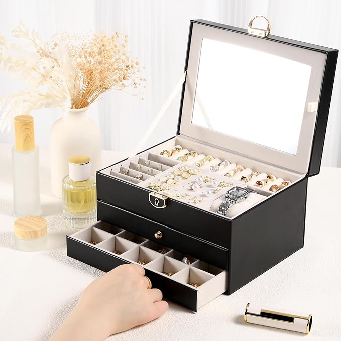 3 Layer Jewelry Boxes for Women with Mirror Large Jewelry Holder Organizer with 2 Jewelry Organizer Drawer PU Lockable Elegan