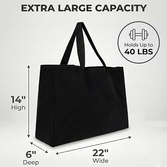 Extra Large Canvas Tote Bag - Big Reusable Grocery Shopping Heavy Duty Foldable