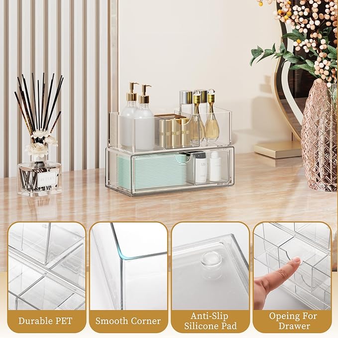 2 Tier Medicine Cabinet Organizer and Storage,Stackable Bathroom Medicine Organizer with Removable Dividers, Plastic Vanity S