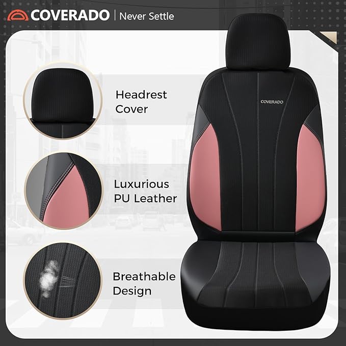 Coverado Automotive Seat Covers Front Seats, Luxury Car Seat Covers, Leather Seat Covers 2-Pack, Mesh Design, Pink Driver Sea