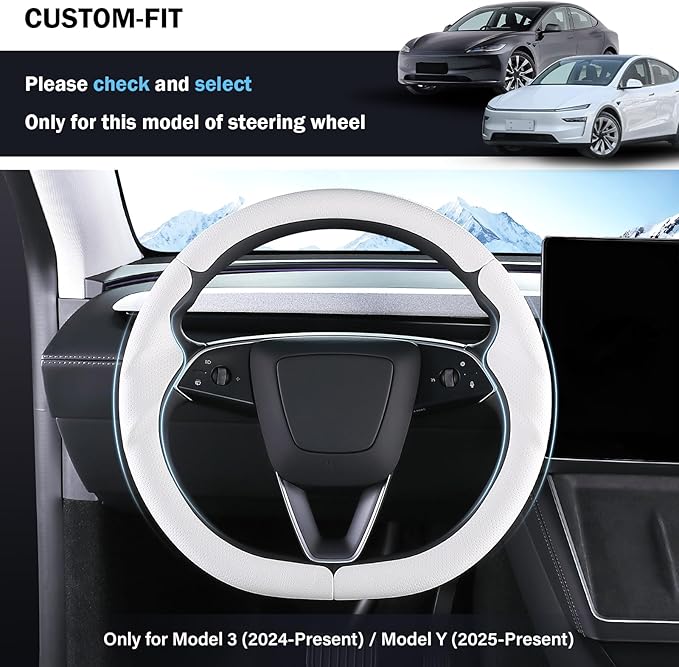 Steering Wheel Cover for Tesla Model 3 Highland(2024-Present)/ Model Y Juniper(2025-Present),Anti-Slip,Comfortable Grip,Breathable,Customized for Tesla Model 3/Y Accessories,Nappa White