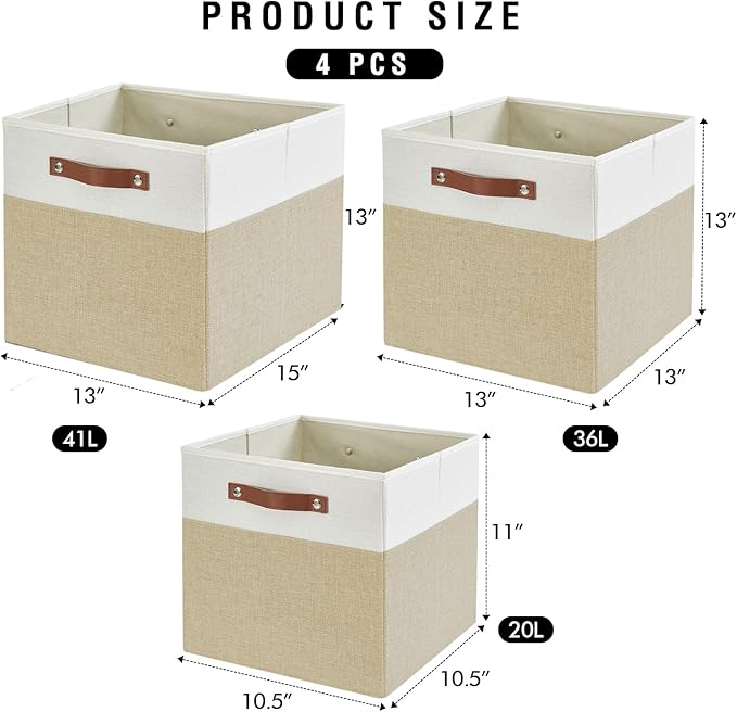 Bagnizer 13x15x13 Storage Cube Bins, Foldable Storage Organizer Baskets, Fabric Cube Storage Boxes with 2 Reinforced PU Handl