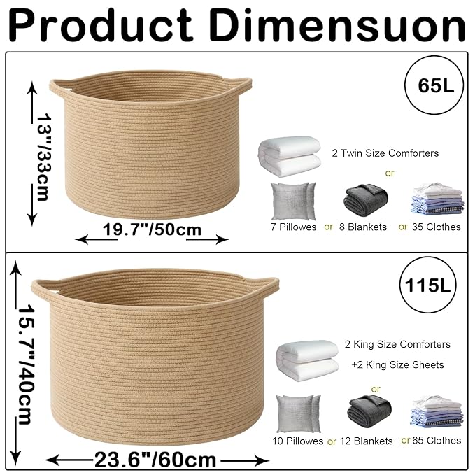 65L Extra Large Woven Cotton Rope Blanket Basket with Handles, Laundry Hamper Storage Bin for Pillows, Comforters,Clothes, To