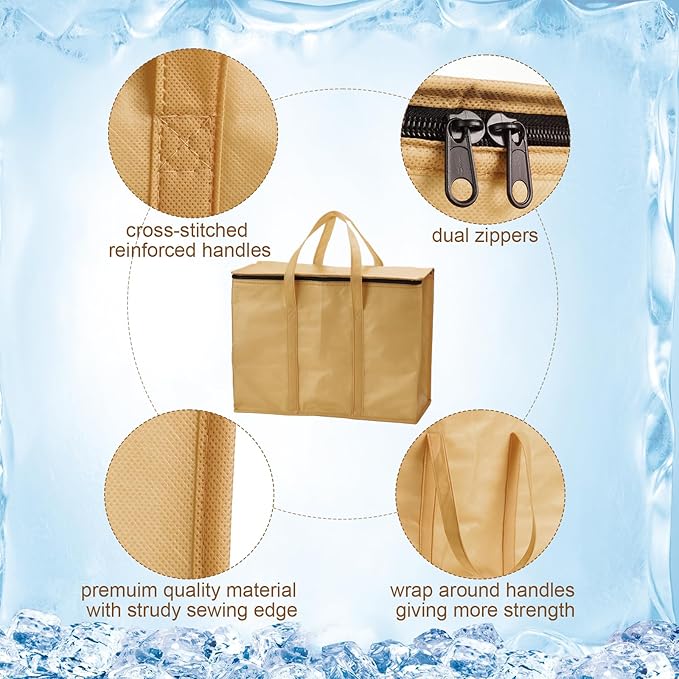 3 Pack XL-large Insulated Reusable Grocery Bags Foldable Cooler Bag Collapsible Shopping Tote for Groceries Stands Upright Storage Bags with Zippered Top and Handles for Food Deliver(Beige)