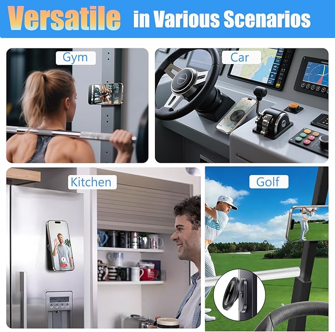 Magnetic Phone Holder for Gym:【Strong Magnets】 Gym Golf Accessories Essentials for Men/Women, Dual Magnetic Phone Mount with Alloy Base Stand for Magsafe iPhone 12-17 Series ＆ Android