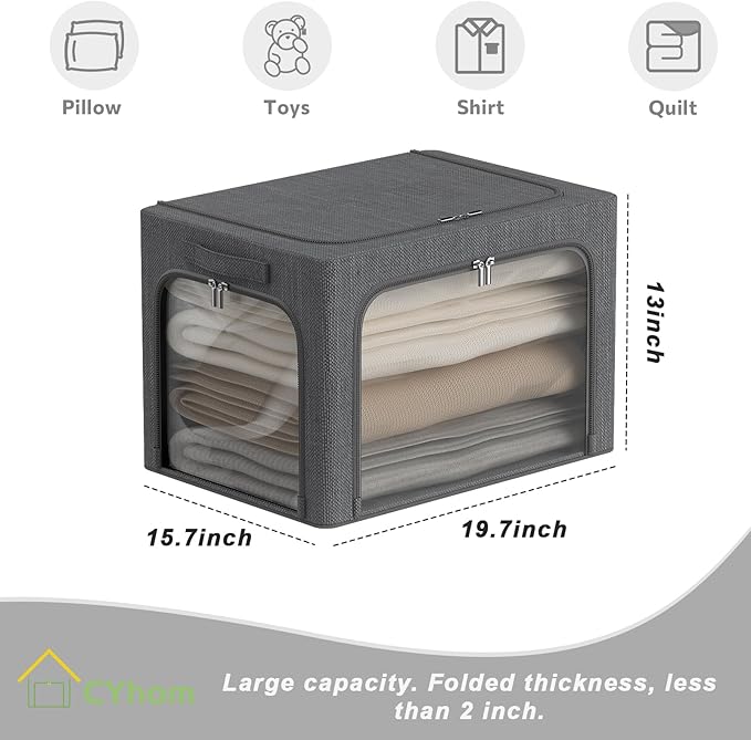 3Pack Stackable Foldable Storage Bin - Metal Frame Storage Box Clothing Storage Organizer with Clear Window, Carry Handles (6