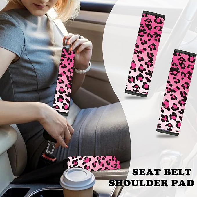 10 Pieces Leopard Print Printing Car Steering Wheel Cover Center Console Armrest Pad Headrest Seat Belt Cover Handbrake Cover Keychain Coaster Full Set Car SUV(Pink)