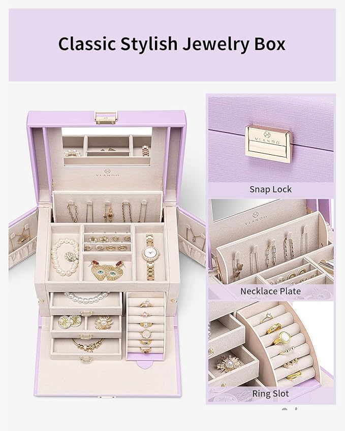 Vlando Jewelry Box Organizer for Girls Women, Large Baroque Jewelry Holder Organizer with Mirror, 3 Drawers for Bracelets, Ea