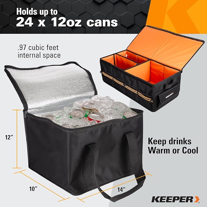 KEEPER Extra Large Trunk Organizer with Cooler, 70L, Multi-Compartment Collapsible Car Organizers and Storage, Non-Slip