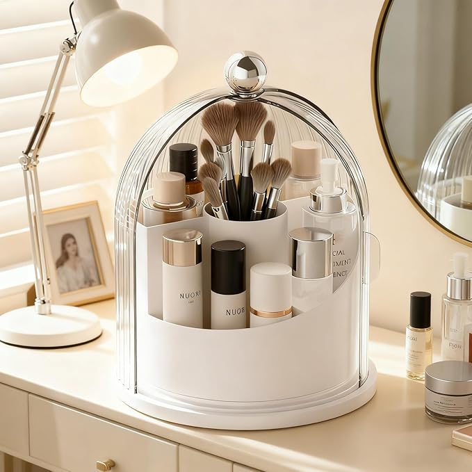 ONXE Makeup Brush Holder Organizer with Lid,360° Rotating Makeup Organizer Countertop,5 Compartments Make Up Brush Organizers