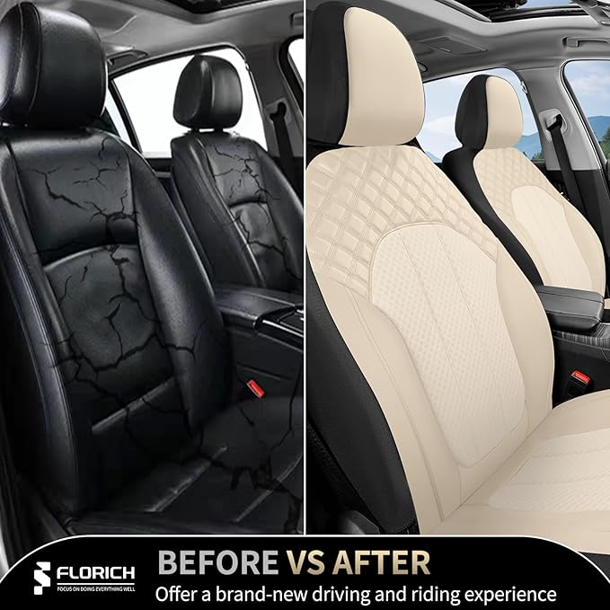 FLORICH Front Seat Covers Leather & Mesh Automotive Seat Protectors 2 Pack Breathable Car Seat Cover Spill-Proof Auto Seat Co