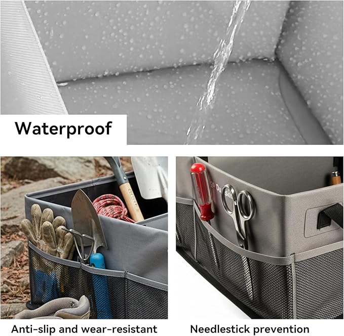 Collapsible Waterproof Car Trunk Organizer, Soft PVC Storage Bin with Rugged PVC-Coated Fabric for SUV & Truck (Stone Gray REG)