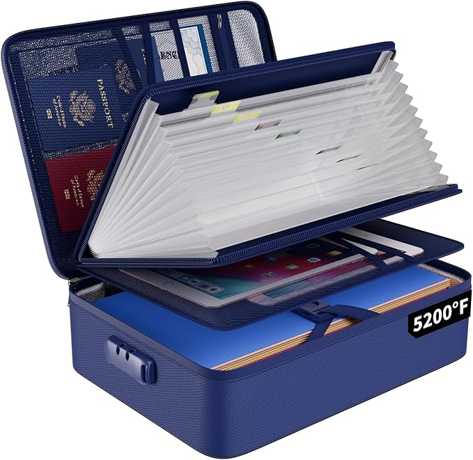 ENGPOW 5200℉ Fireproof File Organizer Bag with 13 Pocket Accordion File Folder,Document Organizer Box with Lock&Labels,Multi-