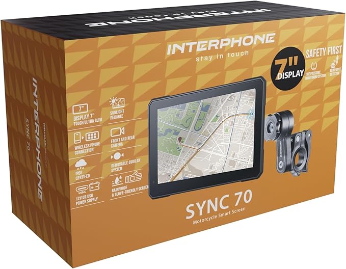 INTERPHONE SYNC70 Motorcycle Carplay for Apple and Android - 7 Inch WiFi and Bluetooth Motorcycle Display with Blind Spot Det