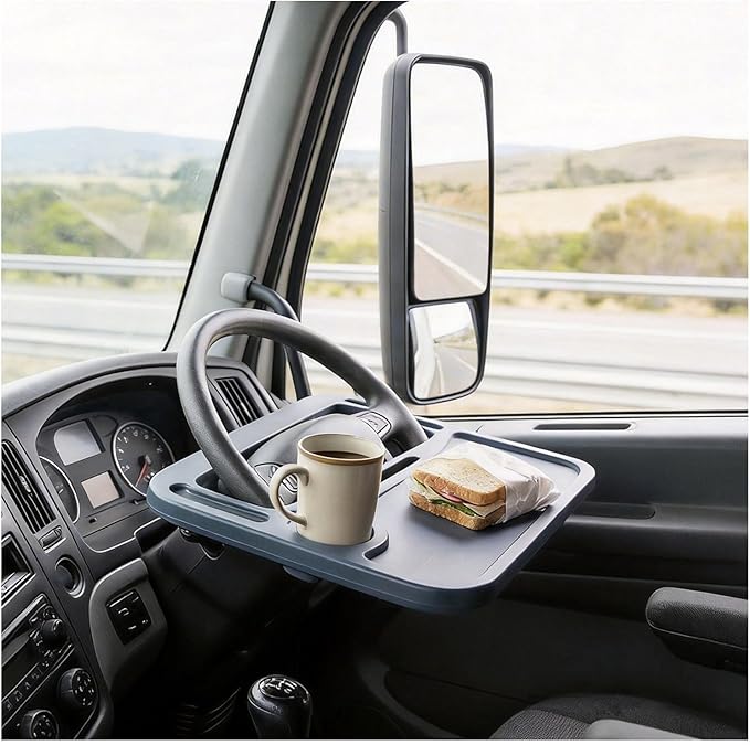 Steering Wheel Tray with Phone Slot & Drink Holder Suitable for Heavy-Duty Trucks/Trucks for Laptop use, Office Work and Meal Dining （Black）