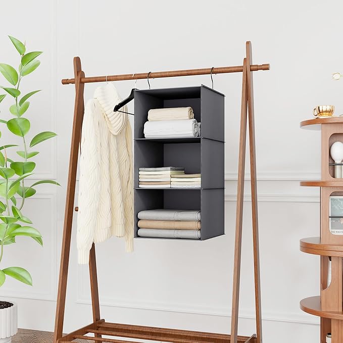 Hanging Closet Organizer and Storage 3-Shelf, Easy Mount Foldable Hanging Closet Wardrobe Storage Shelves, Clothes Handbag Sh