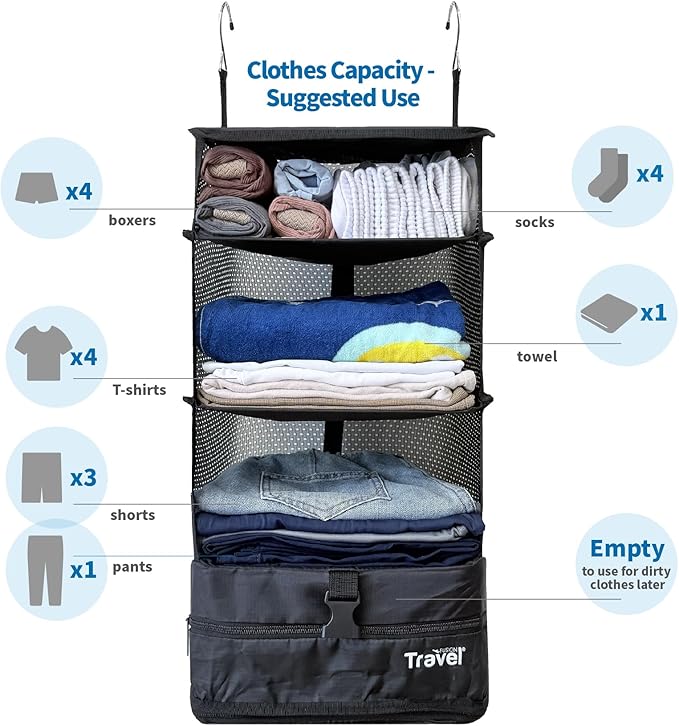 Grand Fusion Stow-N-Go Packing Organizer for Luggage, Portable Hanging Travel Shelves, Carry-On Closet, Hanging Packing Cubes