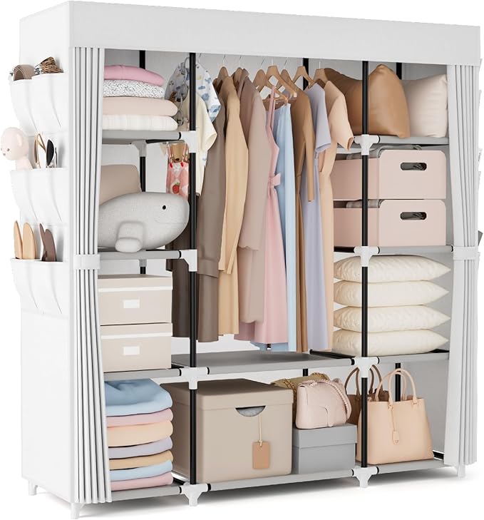 VTRIN Portable Closet Wardrobe for Hanging Clothes 57.3 Inch Large Capacity Clothes Rack with Cover, 10 Storage Organizer She