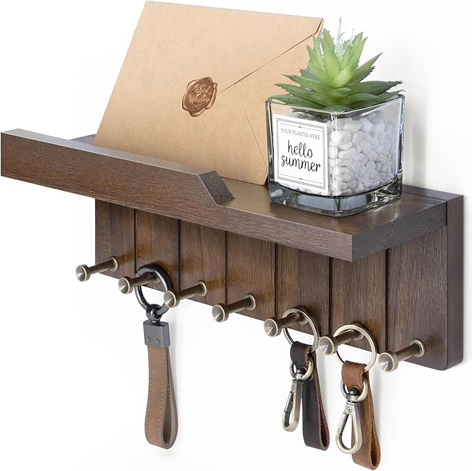Rebee Vision Farmhouse Key Holder Wall Mount - Decorative Key and Mail Holder for Wall with 7 Hooks and Shelf Organizer - Ide