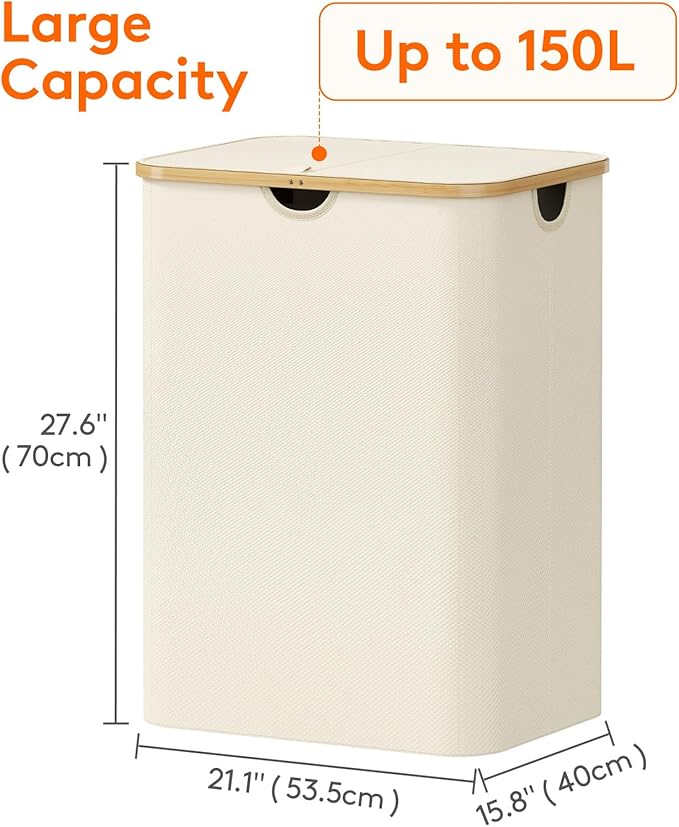 Lifewit 150L Laundry Basket with Lid, Clothes Hampers for Laundry with Bamboo Handles and 2 Removable Bag, Large Foldable Lau